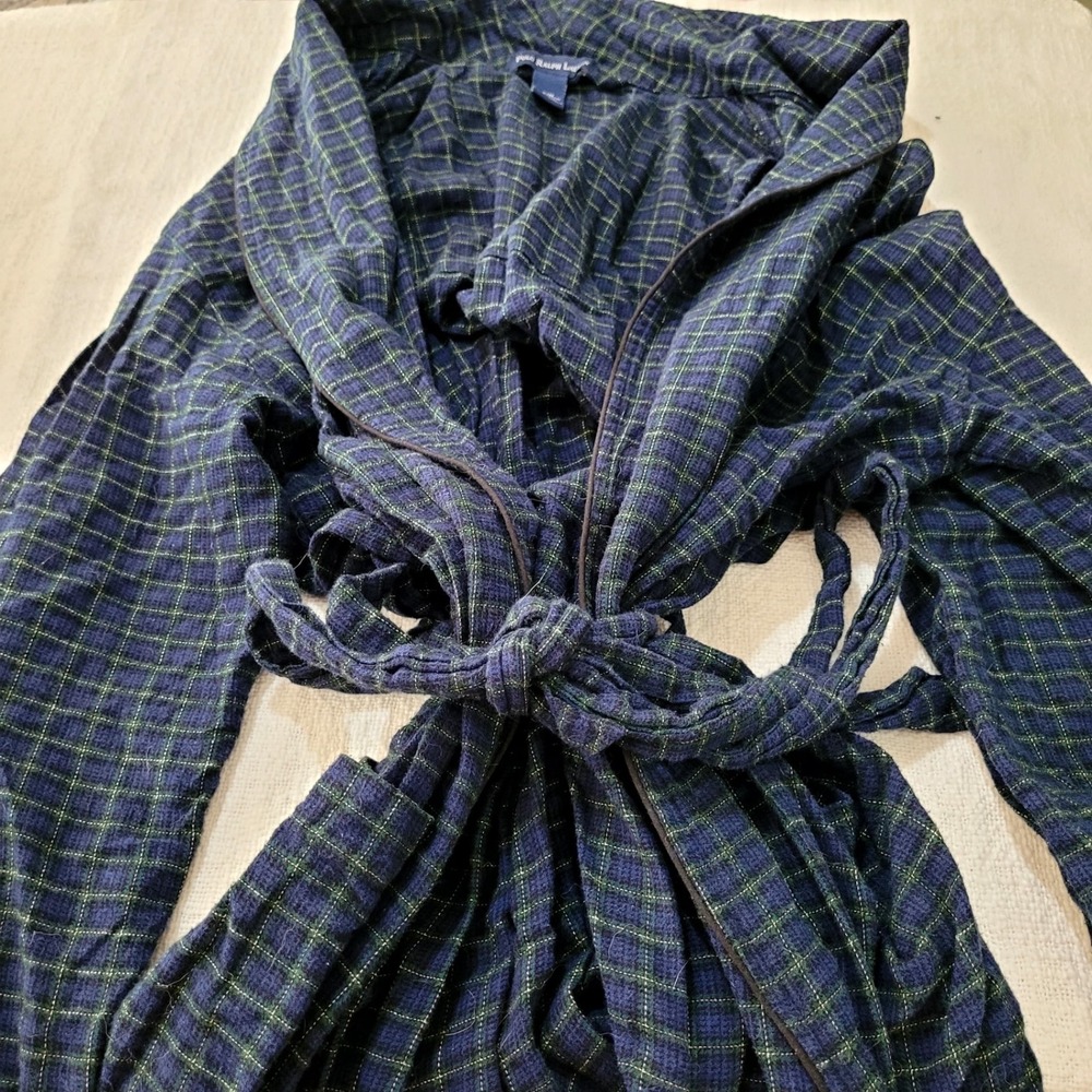 Polo Ralph Lauren Mens Plaid Robe Navy Blue Green 100% Cotton Shawl Collar S/M